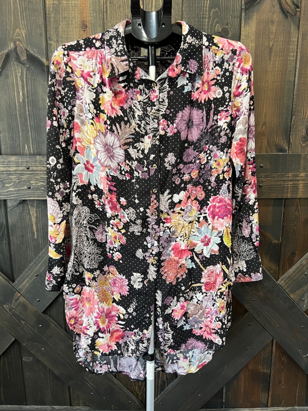 Anthropologie Maeve Floral Tunic Top S Relaxed Fit Embellished Collared Light